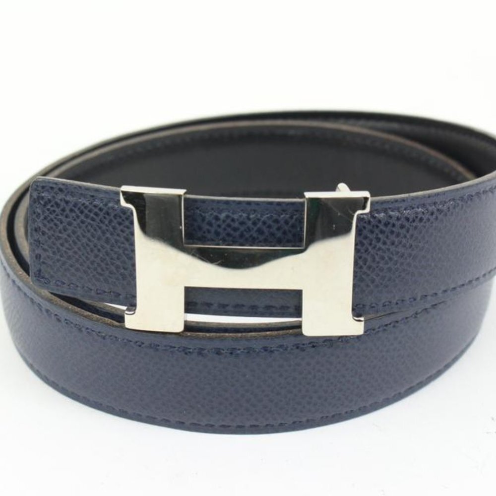 Hermès Navy x Black x Silver 24mm Reversible H Logo Belt Kit  1h425s